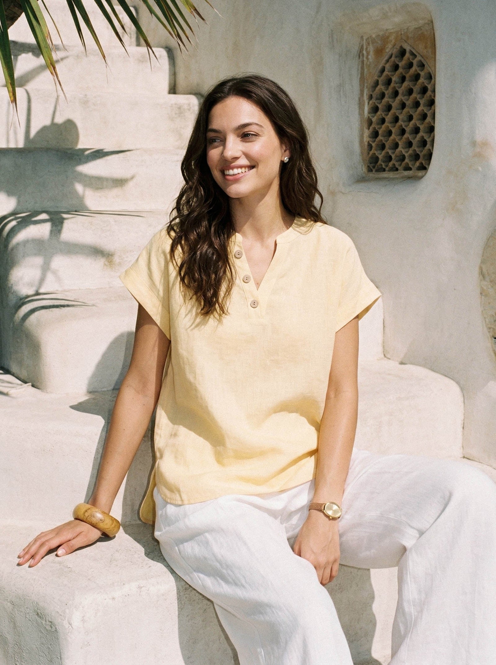 100% Linen Stand-Collar Curved-Hem Top CRESSA - Glamourous Grace