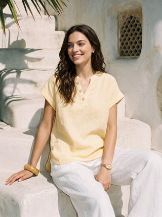 100% Linen Stand-Collar Curved-Hem Top CRESSA - Glamourous Grace