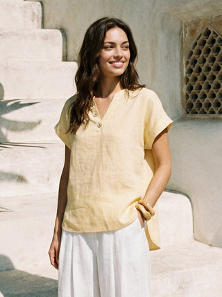 100% Linen Stand-Collar Curved-Hem Top CRESSA - Glamourous Grace