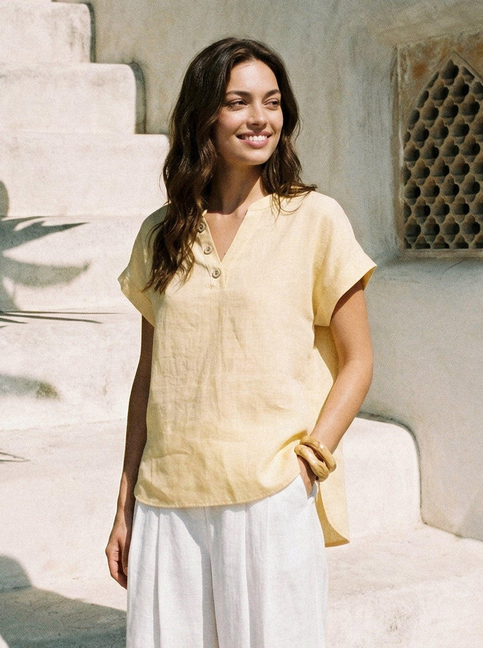 100% Linen Stand-Collar Curved-Hem Top CRESSA - Glamourous Grace