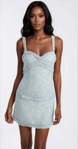 Elina Fringe Boucle Mini Dress – Blue Boucle (Final Sale) - Glamourous Grace