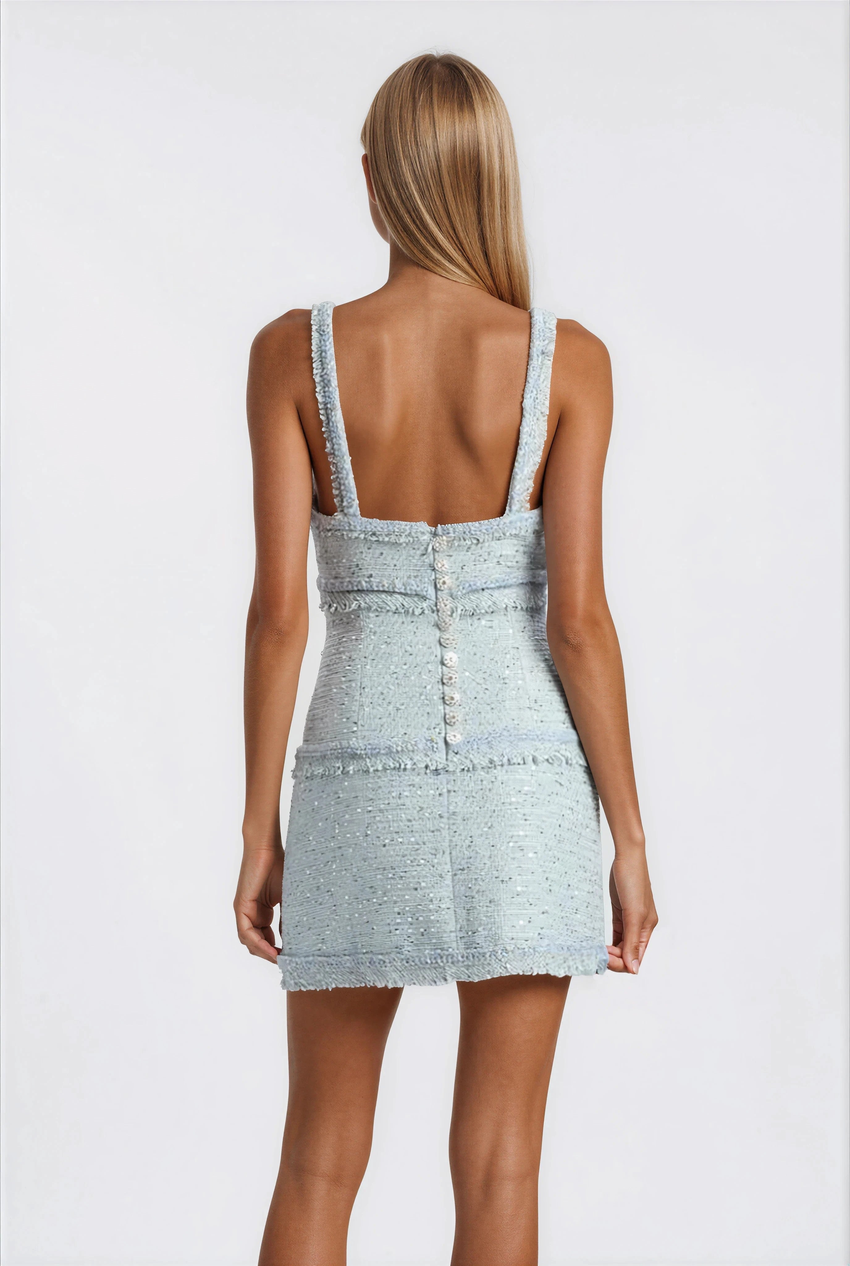 Elina Fringe Boucle Mini Dress – Blue Boucle (Final Sale) - Glamourous Grace