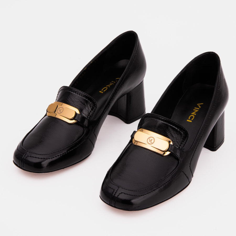 The Victoria Black Leather Block Heel Pump Women Shoe - Glamourous Grace
