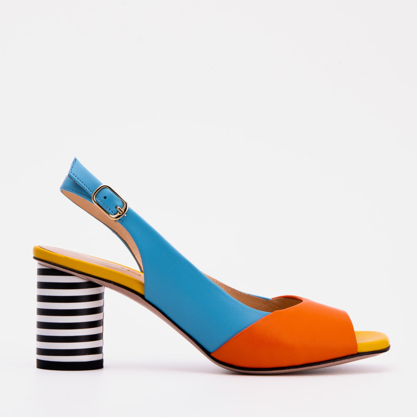 The Spectrum Blue / Orange Block Heel Leather Women Sandal - Glamourous Grace