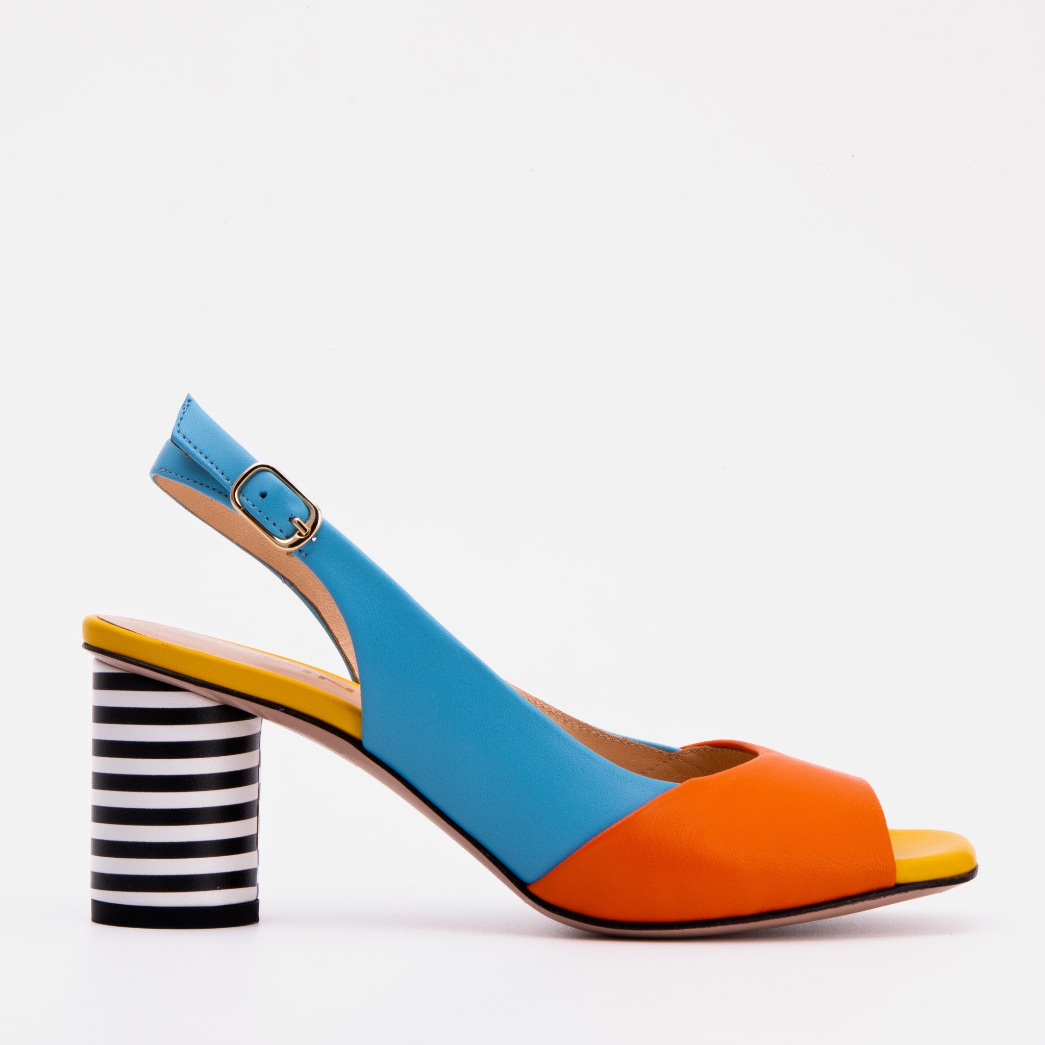The Spectrum Blue / Orange Block Heel Leather Women Sandal - Glamourous Grace