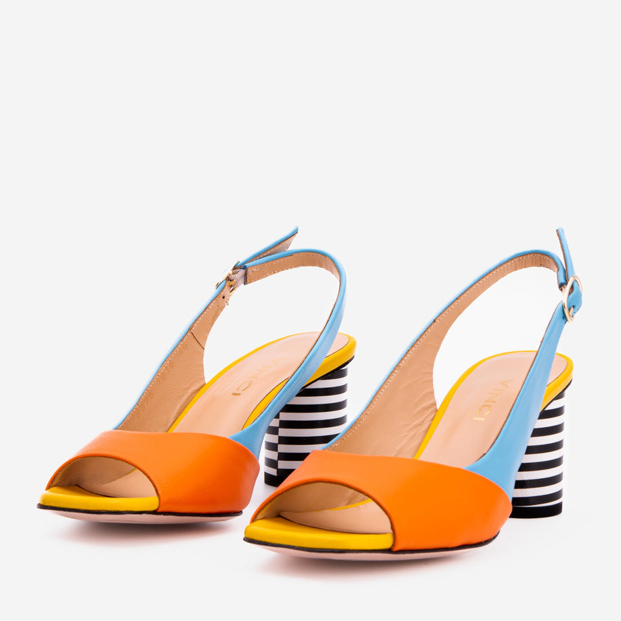 The Spectrum Blue / Orange Block Heel Leather Women Sandal - Glamourous Grace