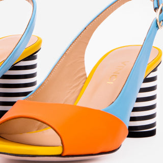 The Spectrum Blue / Orange Block Heel Leather Women Sandal - Glamourous Grace