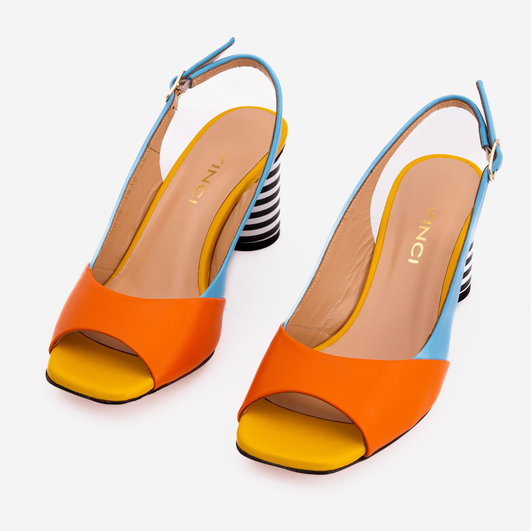 The Spectrum Blue / Orange Block Heel Leather Women Sandal - Glamourous Grace