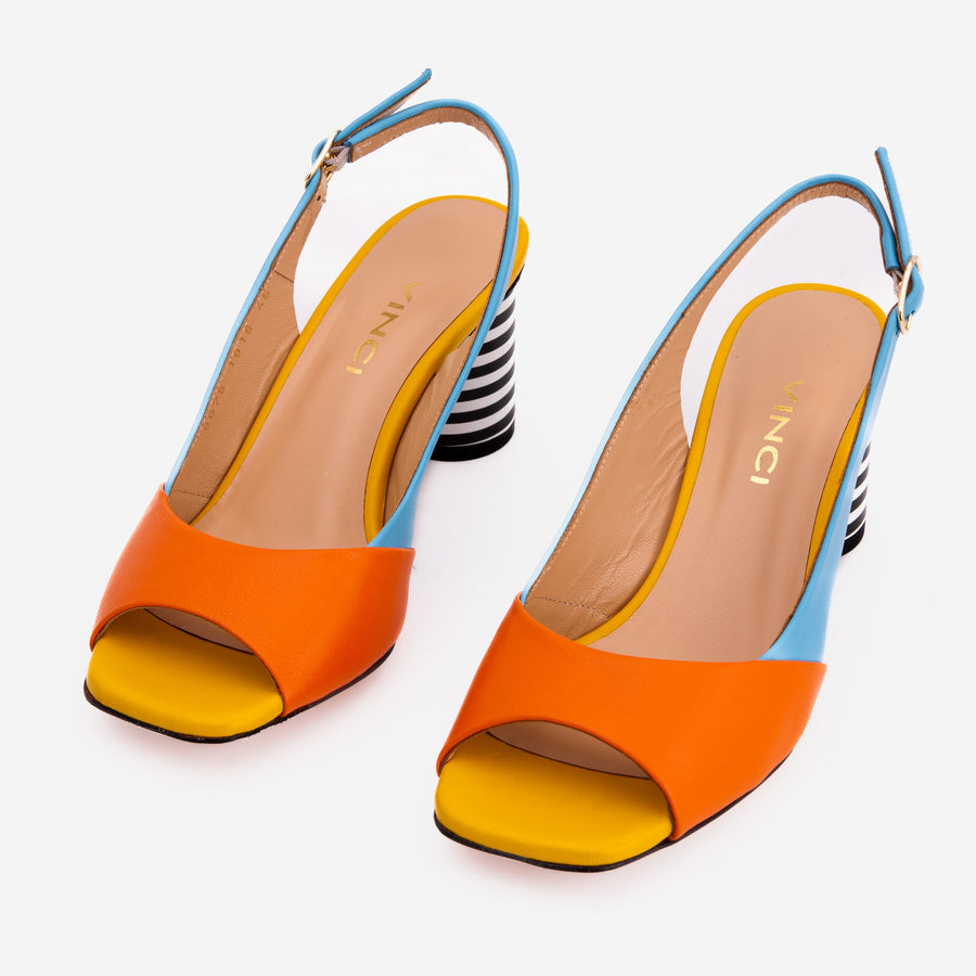 The Spectrum Blue / Orange Block Heel Leather Women Sandal - Glamourous Grace