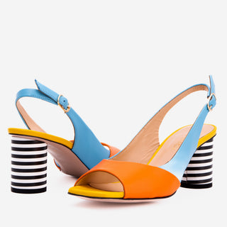 The Spectrum Blue / Orange Block Heel Leather Women Sandal - Glamourous Grace