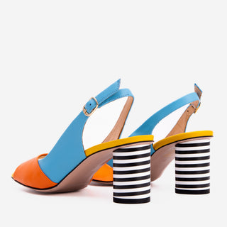 The Spectrum Blue / Orange Block Heel Leather Women Sandal - Glamourous Grace