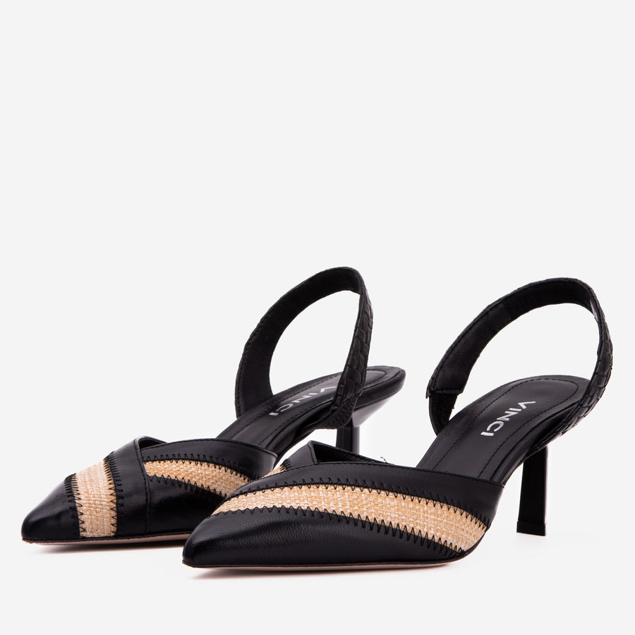 The Riviera Black & Raffia Slingback Women  Sandal - Glamourous Grace