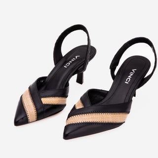 The Riviera Black & Raffia Slingback Women  Sandal - Glamourous Grace