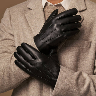 Benjamin (black) – Thick goatskin leather gloves with warm lambswool lining & touchscreen feature - Glamourous Grace