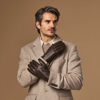 Benjamin (brown) – Thick goatskin leather gloves with warm lambswool lining & touchscreen feature - Glamourous Grace