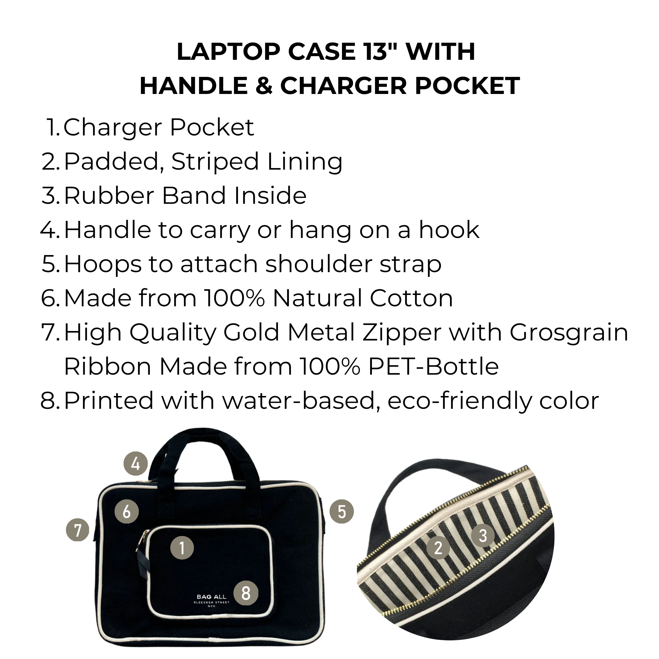 Laptop Case 13", Handle & Charger Pocket – Black - Glamourous Grace