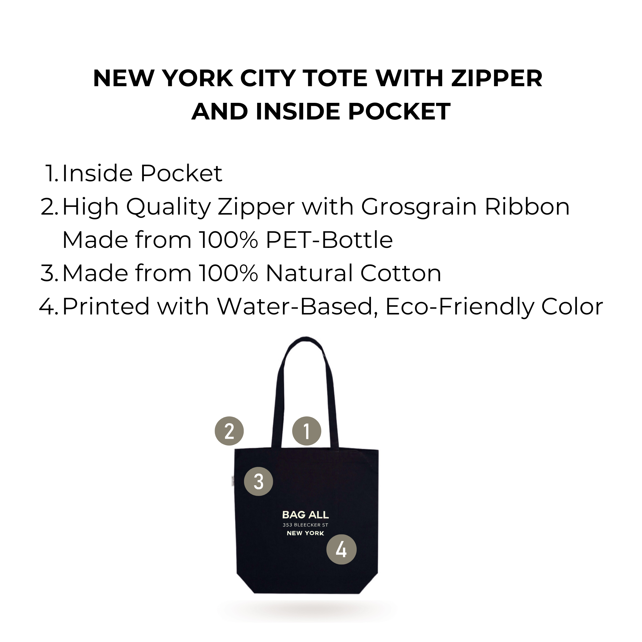 New York City Tote with Zipper and Inside Pocket – Black - Glamourous Grace
