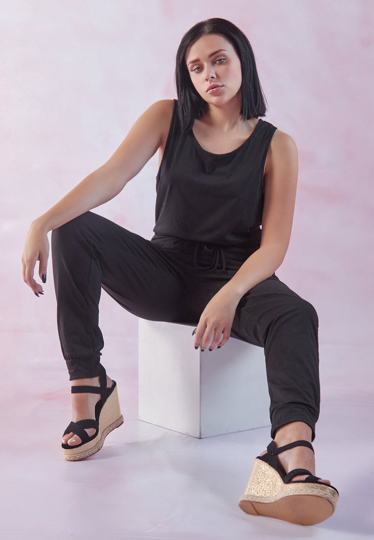 Black As Night Drawstring Jumpsuit - Glamourous Grace