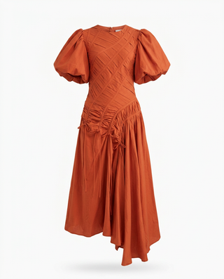 Vibrant Pleated Puff Sleeve Dress