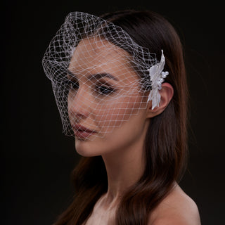 Bridal Birdcage Veil with Pearl & Leaf Side Comb - Glamourous Grace