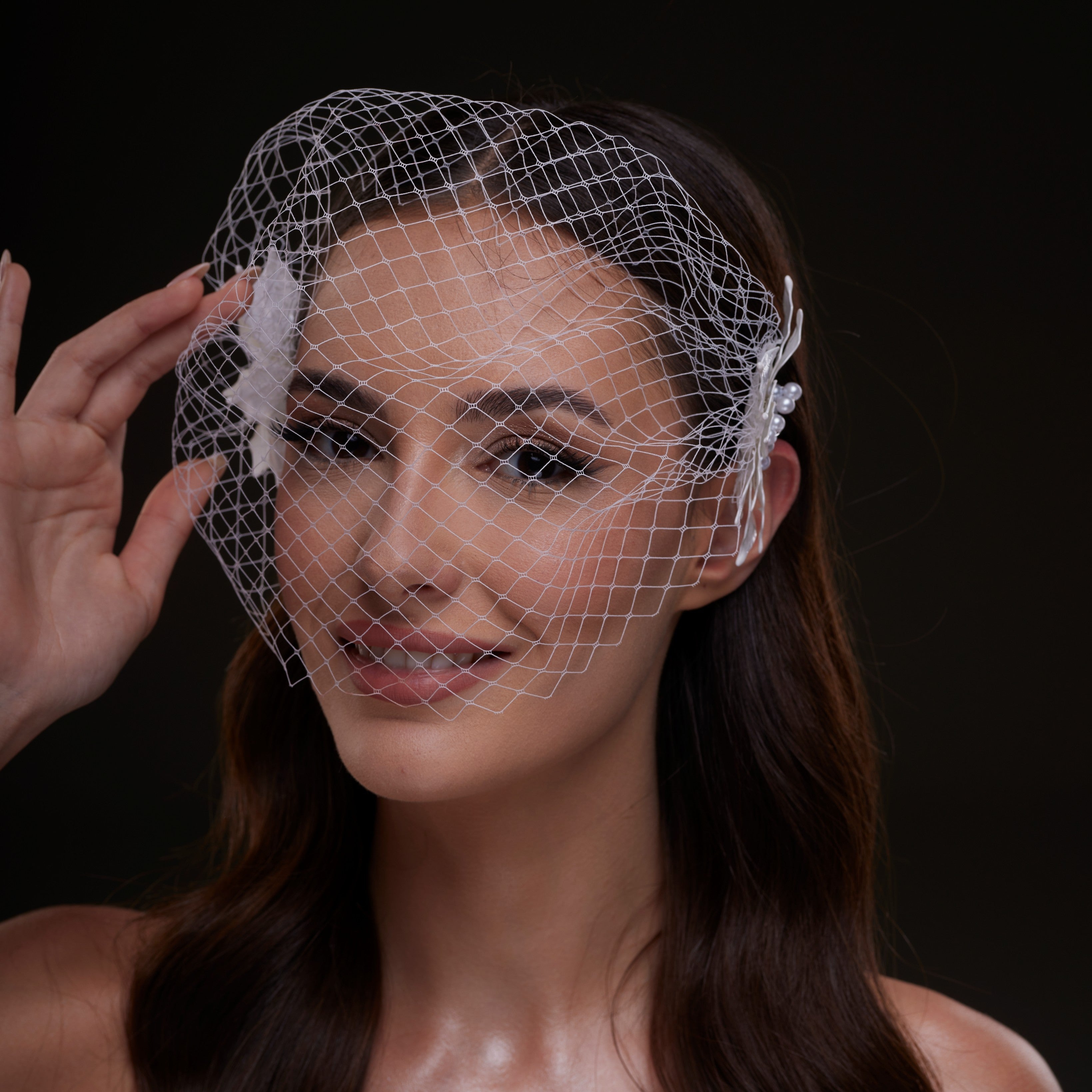 Bridal Birdcage Veil with Pearl & Leaf Side Comb - Glamourous Grace