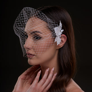 Bridal Birdcage Veil with Pearl & Leaf Side Comb - Glamourous Grace