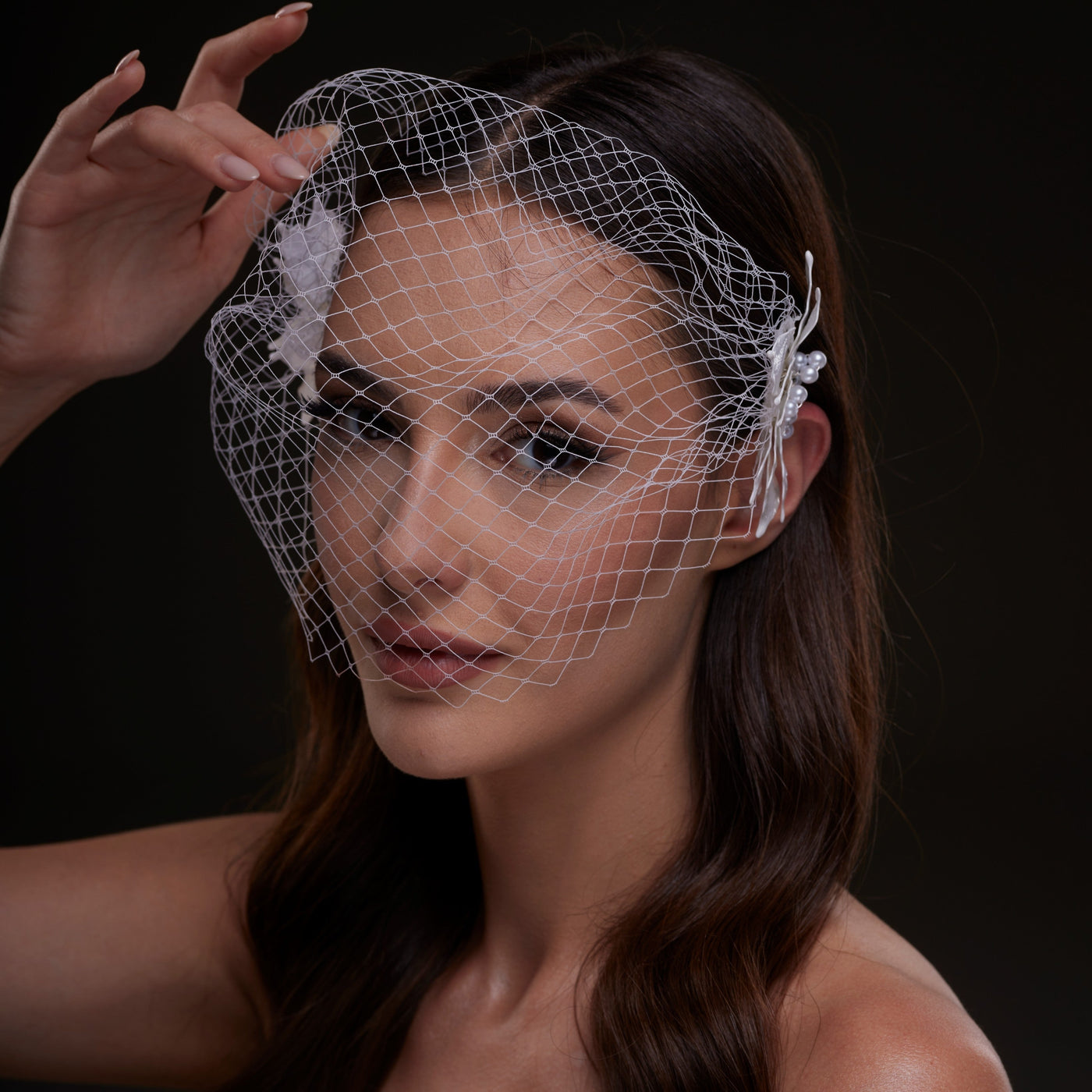 Bridal Birdcage Veil with Pearl & Leaf Side Comb - Glamourous Grace