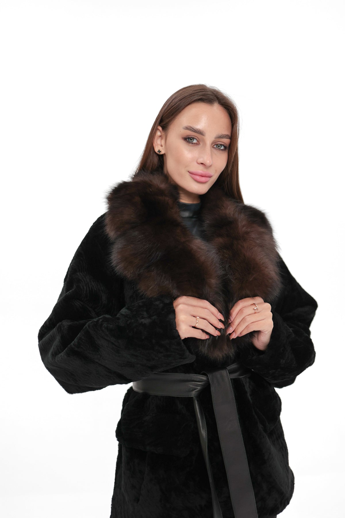 Modena Genuine Astrakhan Polar Fox Trim Coat
