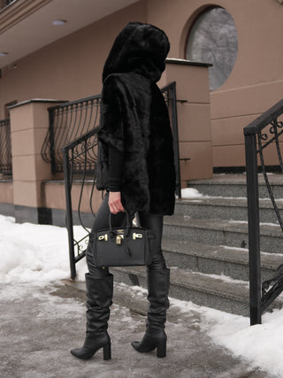Genuine Scandinavian Mink Fur Poncho with Fully Lined Mink Hood