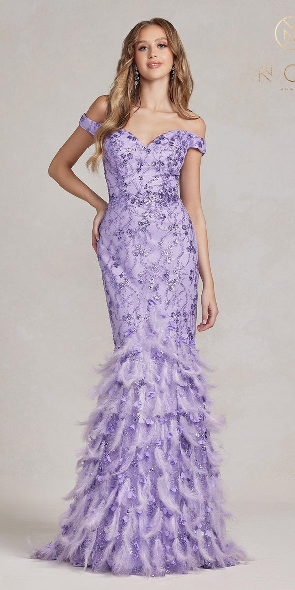 Nox Anabel C1106 Long Mermaid Off the Shoulder Gown with Feathers - Glamourous Grace