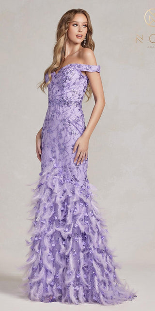Nox Anabel C1106 Long Mermaid Off the Shoulder Gown with Feathers