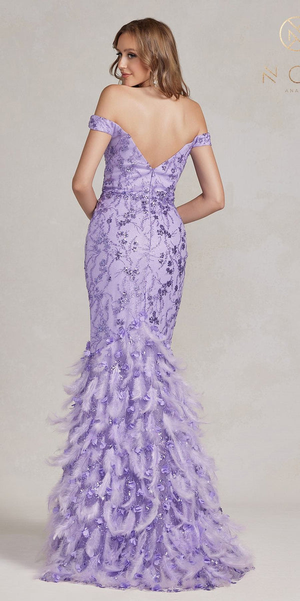 Nox Anabel C1106 Long Mermaid Off the Shoulder Gown with Feathers - Glamourous Grace