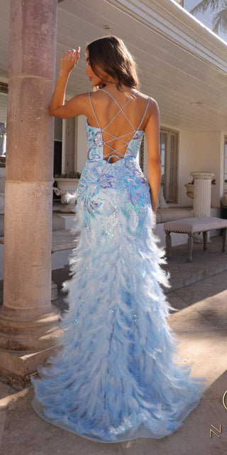 Nox Anabel C1413 Long Sequin Embroidered Applique Fitted Feather Gown - Glamourous Grace