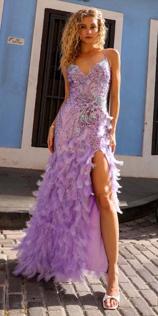 Nox Anabel C1413 Long Sequin Embroidered Applique Fitted Feather Gown - Glamourous Grace