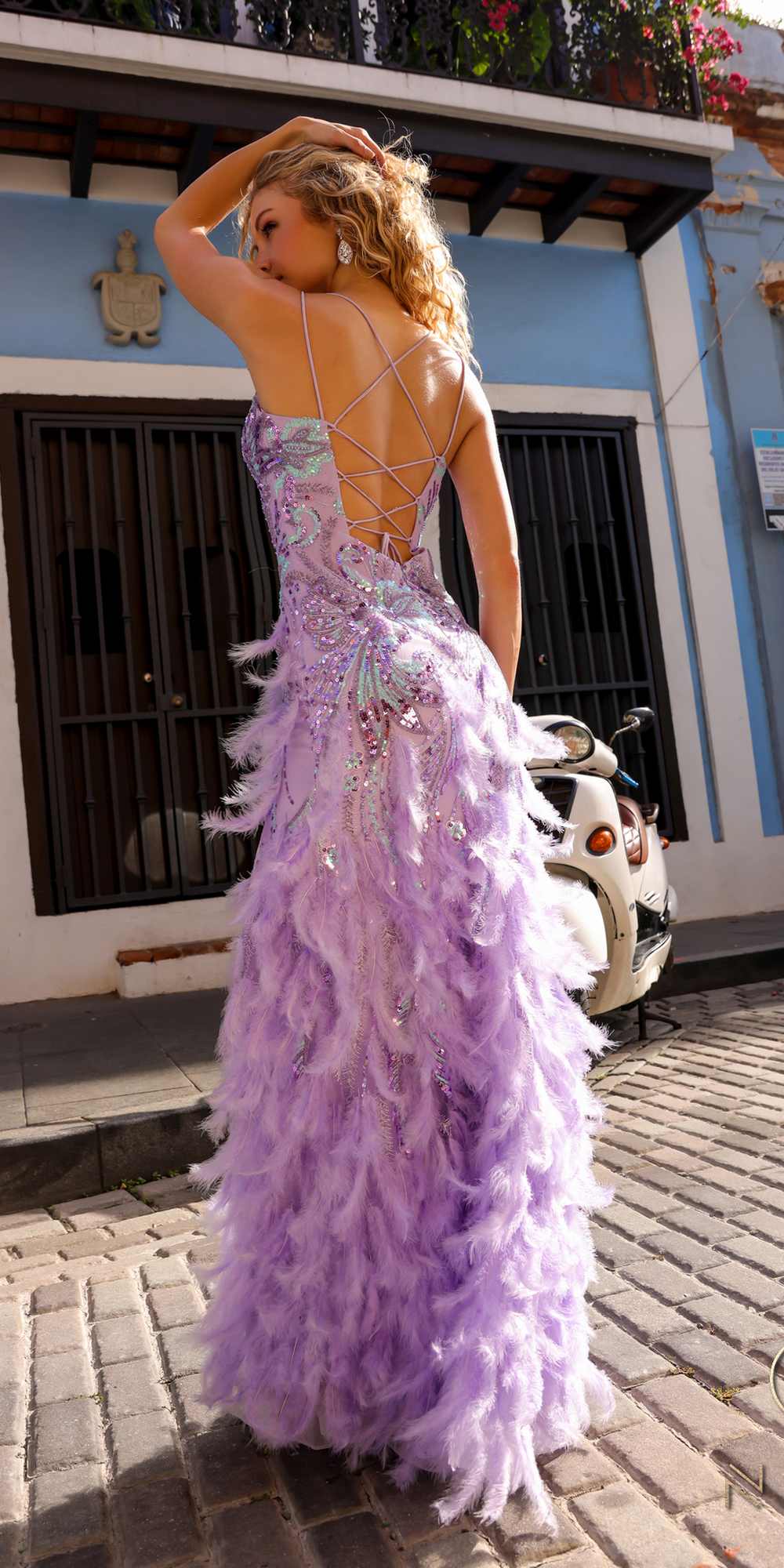 Nox Anabel C1413 Long Sequin Embroidered Applique Fitted Feather Gown - Glamourous Grace