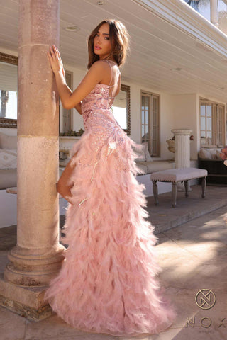 Nox Anabel C1413 Long Sequin Embroidered Applique Fitted Feather Gown - Glamourous Grace