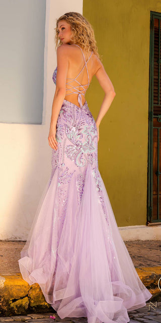 Nox Anabel C1416 Long Sequin Embroidery V-Neck Open Back Mermaid Gown