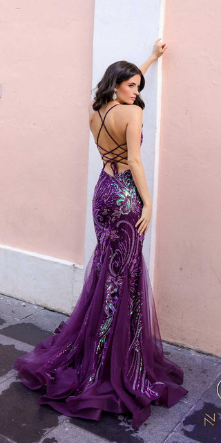 Nox Anabel C1416 Long Sequin Embroidery V-Neck Open Back Mermaid Gown