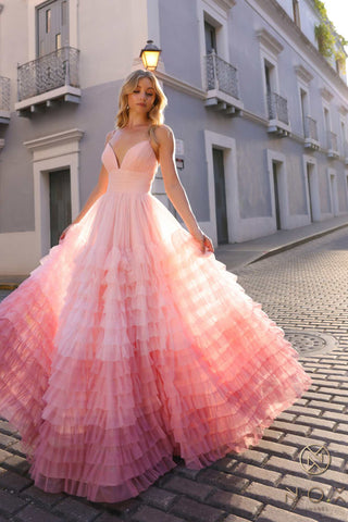 Nox Anabel C1420 Long Ombre Tiered Ruffled Skirt A-Line Slit Gown