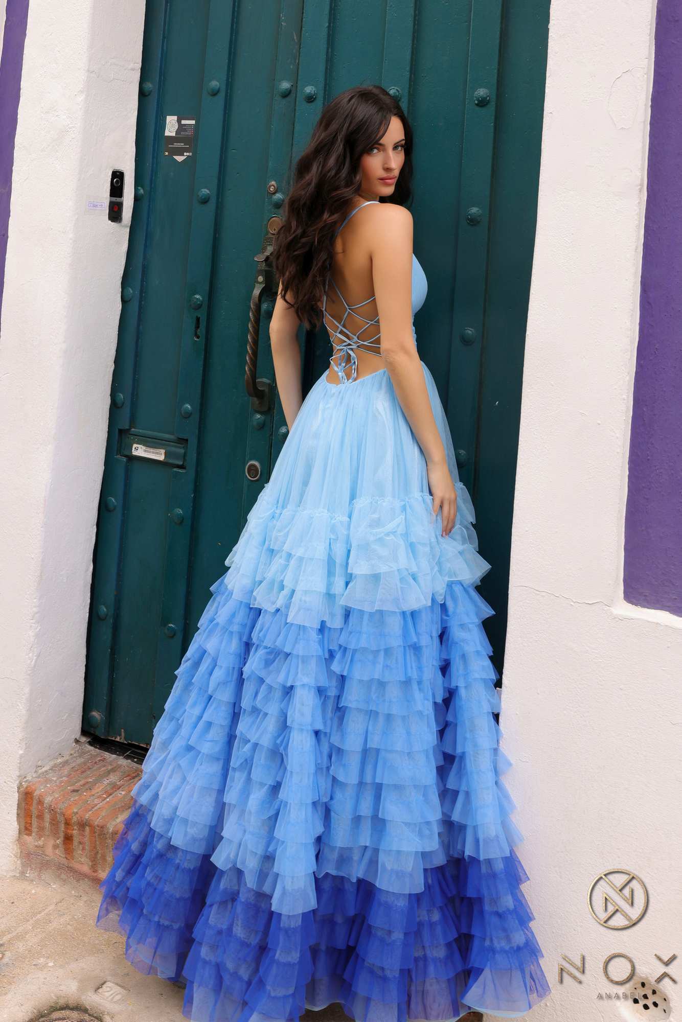 Nox Anabel C1420 Long Ombre Tiered Ruffled Skirt A-Line Slit Gown - Glamourous Grace