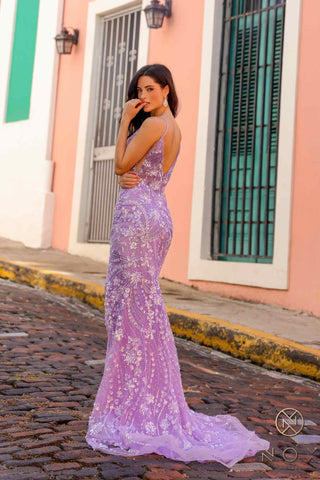CLEARANCE - Nox Anabel C1458 Long Floral Sequin Corset Bodice Fitted Dress (Size 8)