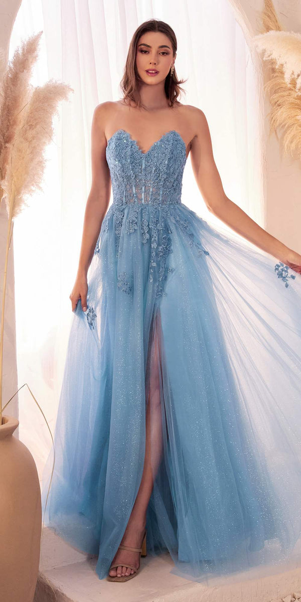 Ladivine C148 Long Strapless Lace and Tulle Glitter A-Line Ballgown - Glamourous Grace