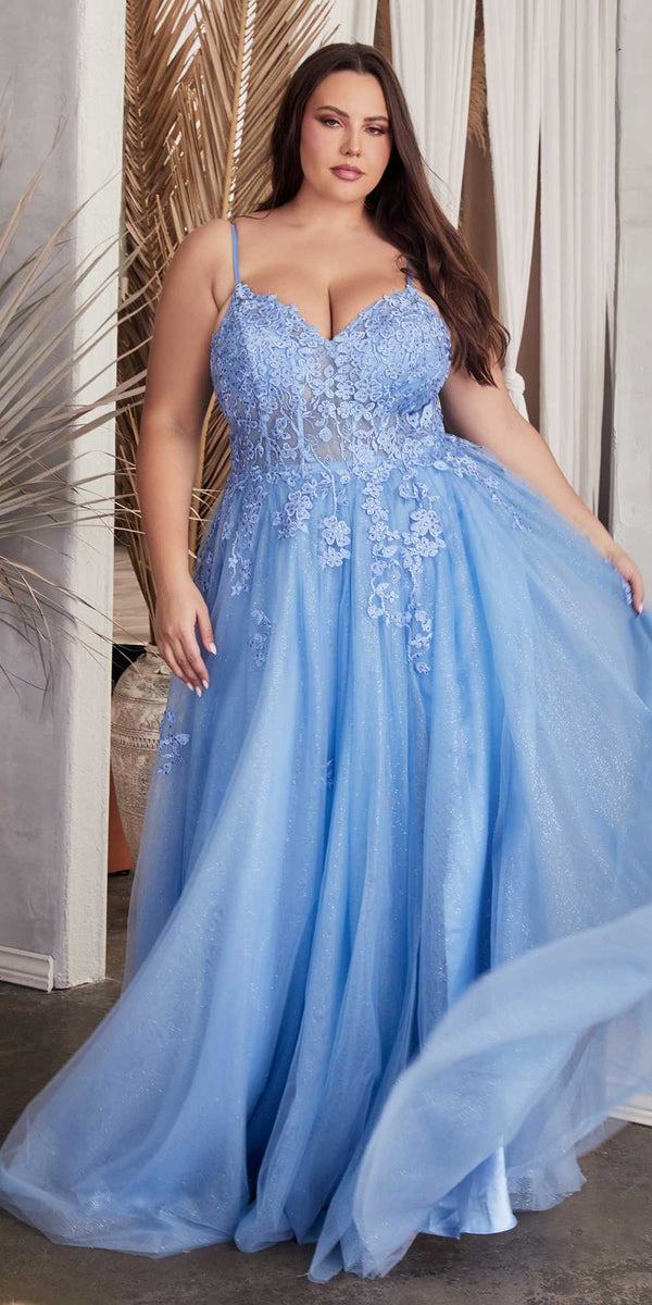 Ladivine C148 Long Strapless Lace and Tulle Glitter A-Line Ballgown - Glamourous Grace