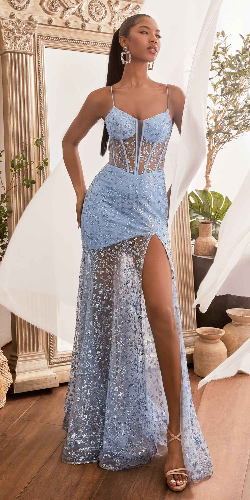 Ladivine C155 Long Glitter Floral Print Motif Sheer Bodice Fitted Gown - Glamourous Grace