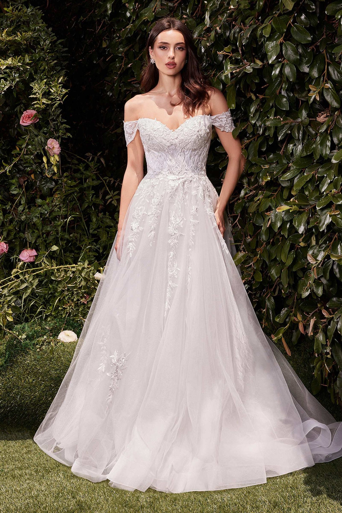 Ladivine C159W Off The Shoulder A-Line Lace & Tulle Wedding Dress - Glamourous Grace