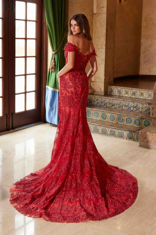 Nox Anabel C1600 Off the Shoulder Fully Beaded Long Train Dress