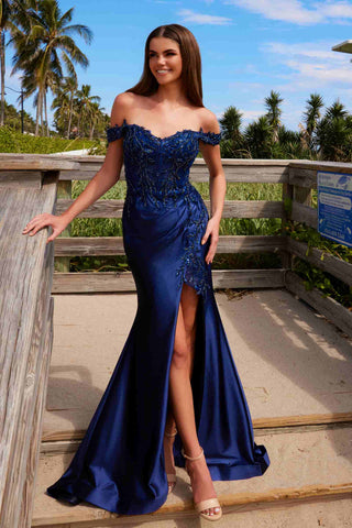 Nox Anabel C1647 Satin Sweetheart Off-Shoulder Sheer Boned Bodice Dress