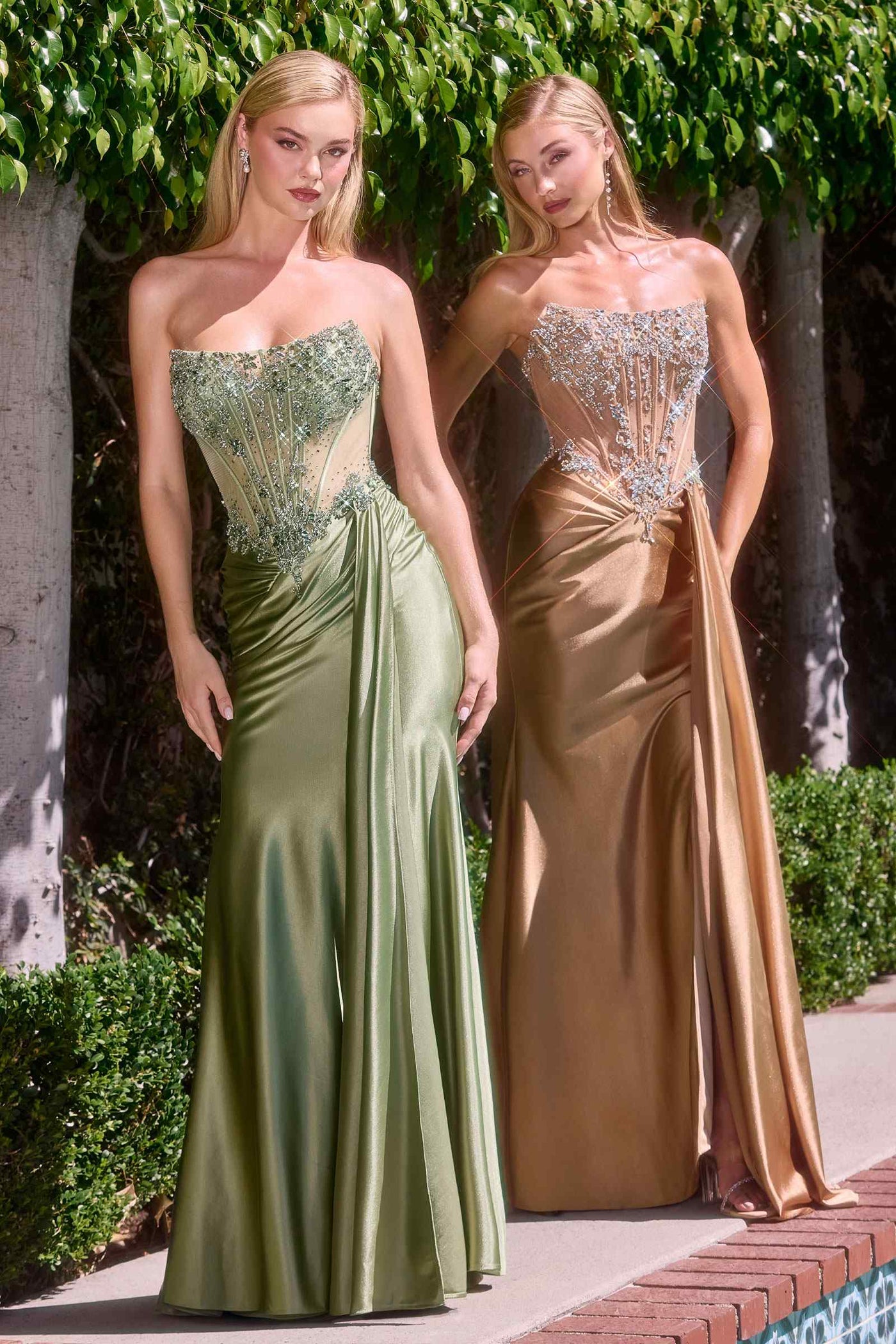 Ladivine C169 Strapless Corset Bodice Beaded Satin Gown - Glamourous Grace