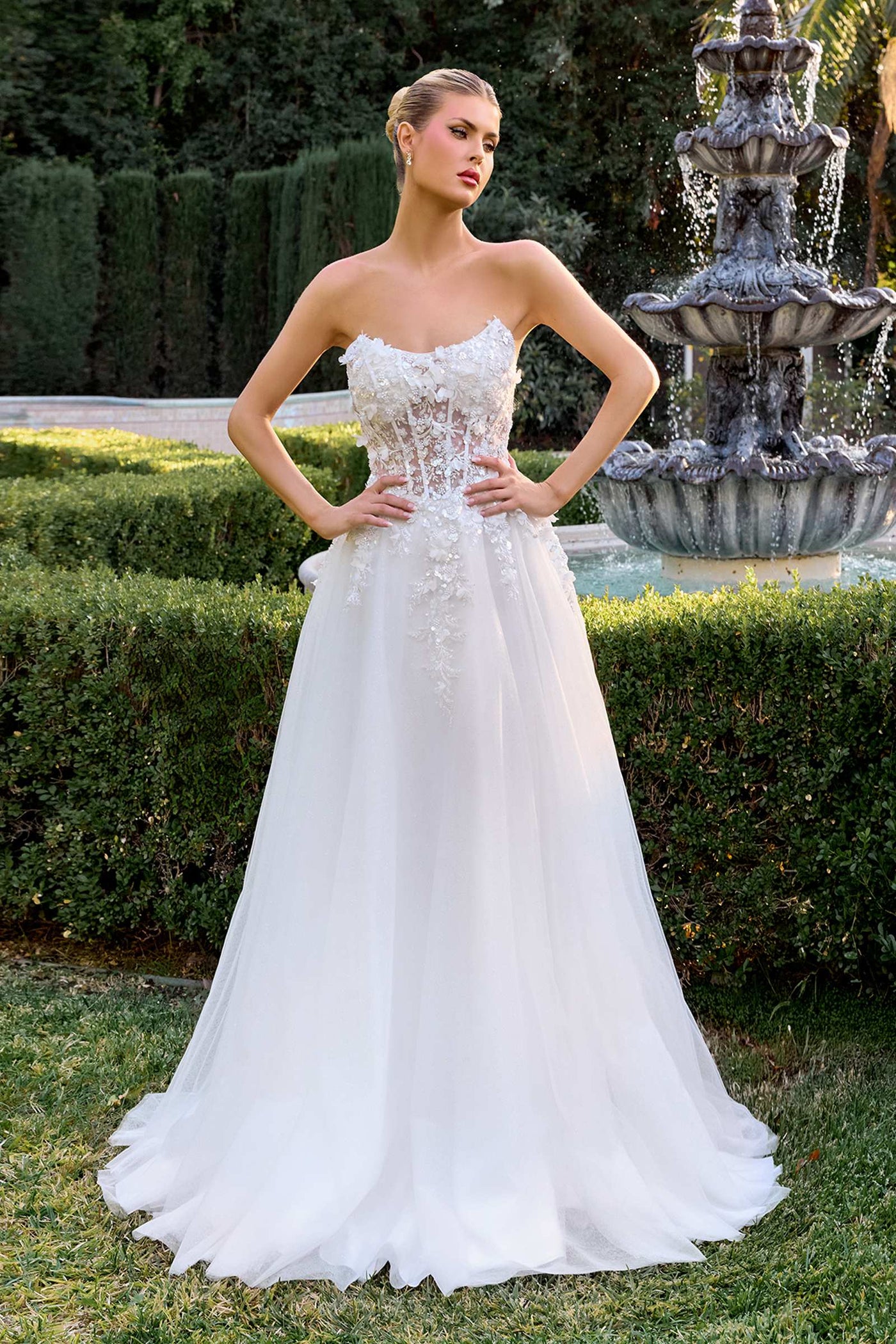 Ladivine C174W Sweetheart Neck 3D Floral Applique A-Line Strapless Gown - Glamourous Grace