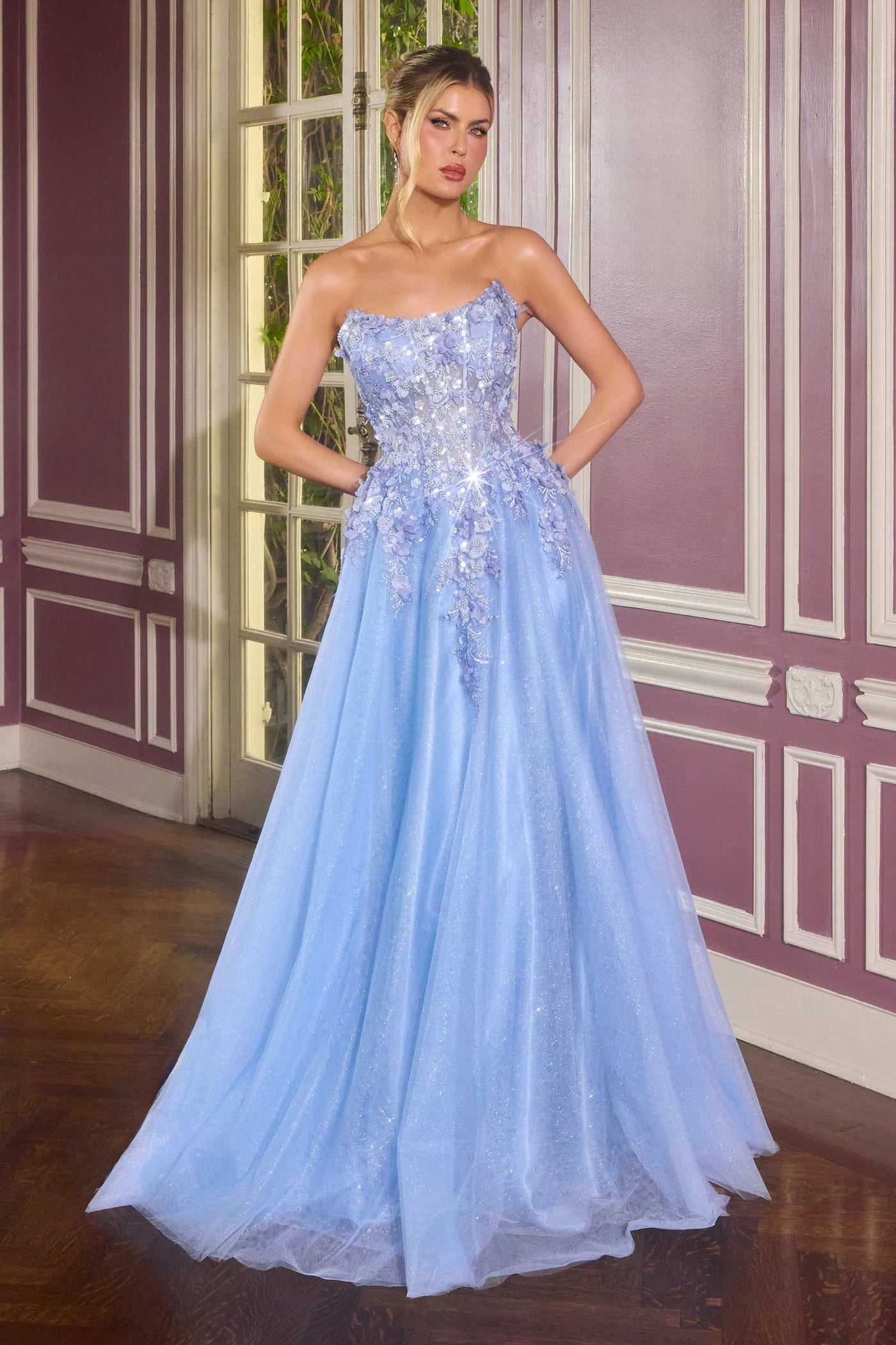 Ladivine C174 Enchanted Ball Gown Scoop Neck Floral Applique - Glamourous Grace